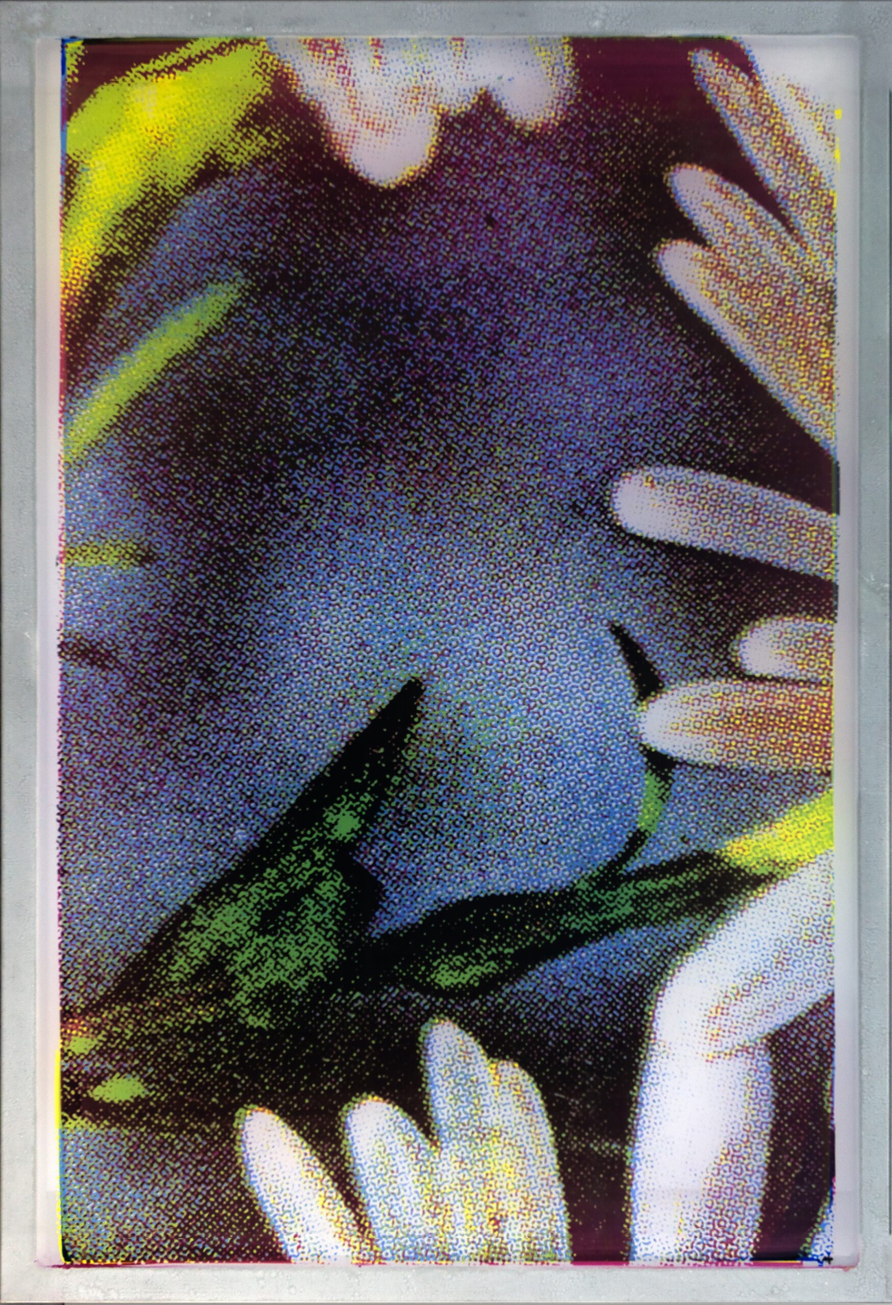 Jaya Pelupessy - Pictorial Fields, No. 24, 2025 Four color exposure on silkscreen
Aluminum silkscreen, museum glass, wood
189 x 118 x 6 cm  |  Total size
Unique