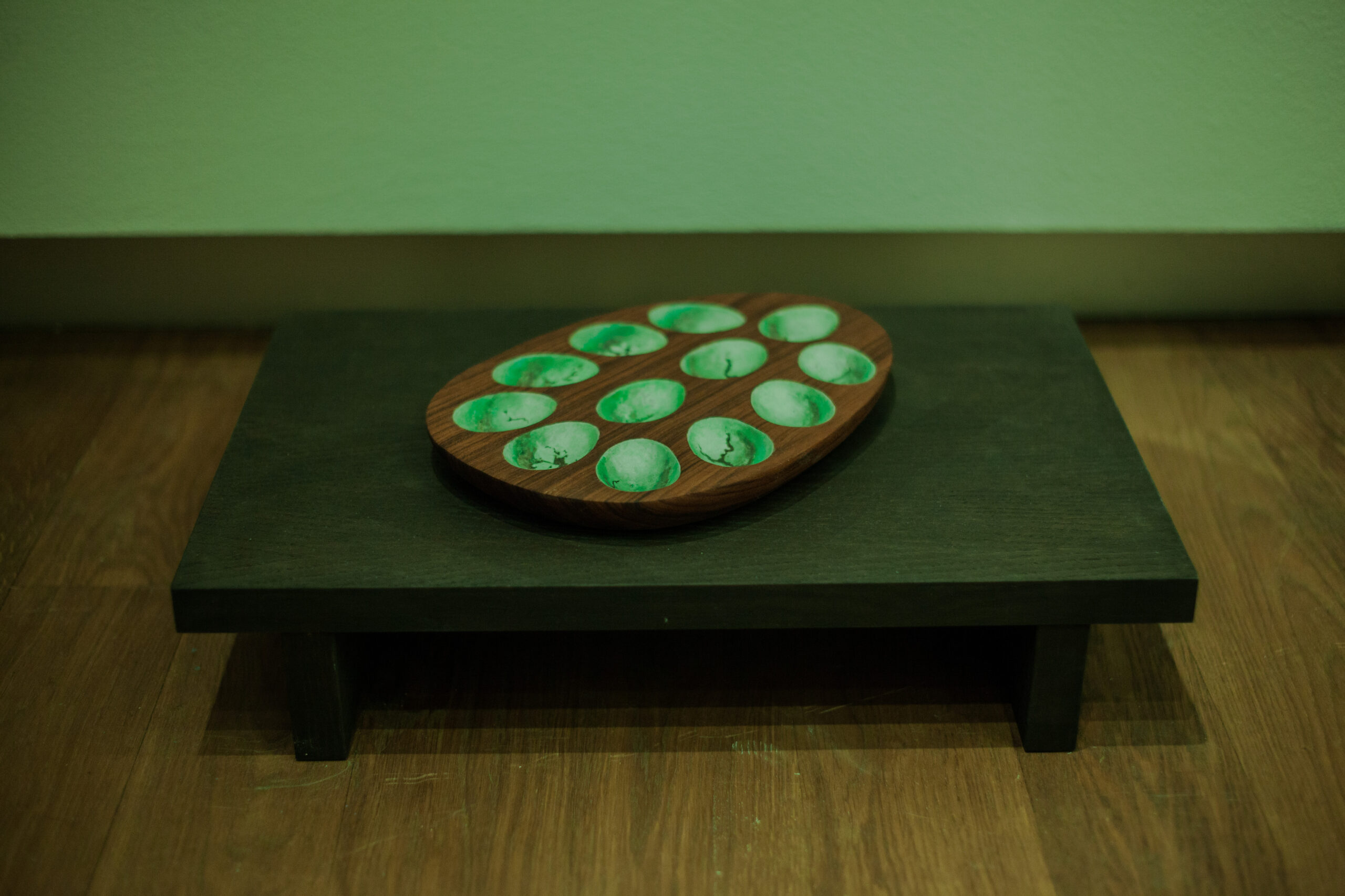 Fiona Lutjenhuis, Buried, Born and Buried, 2025, installation, coloured pencil, graphite and casein on cotton paper, framed, wood and acrylic paint.