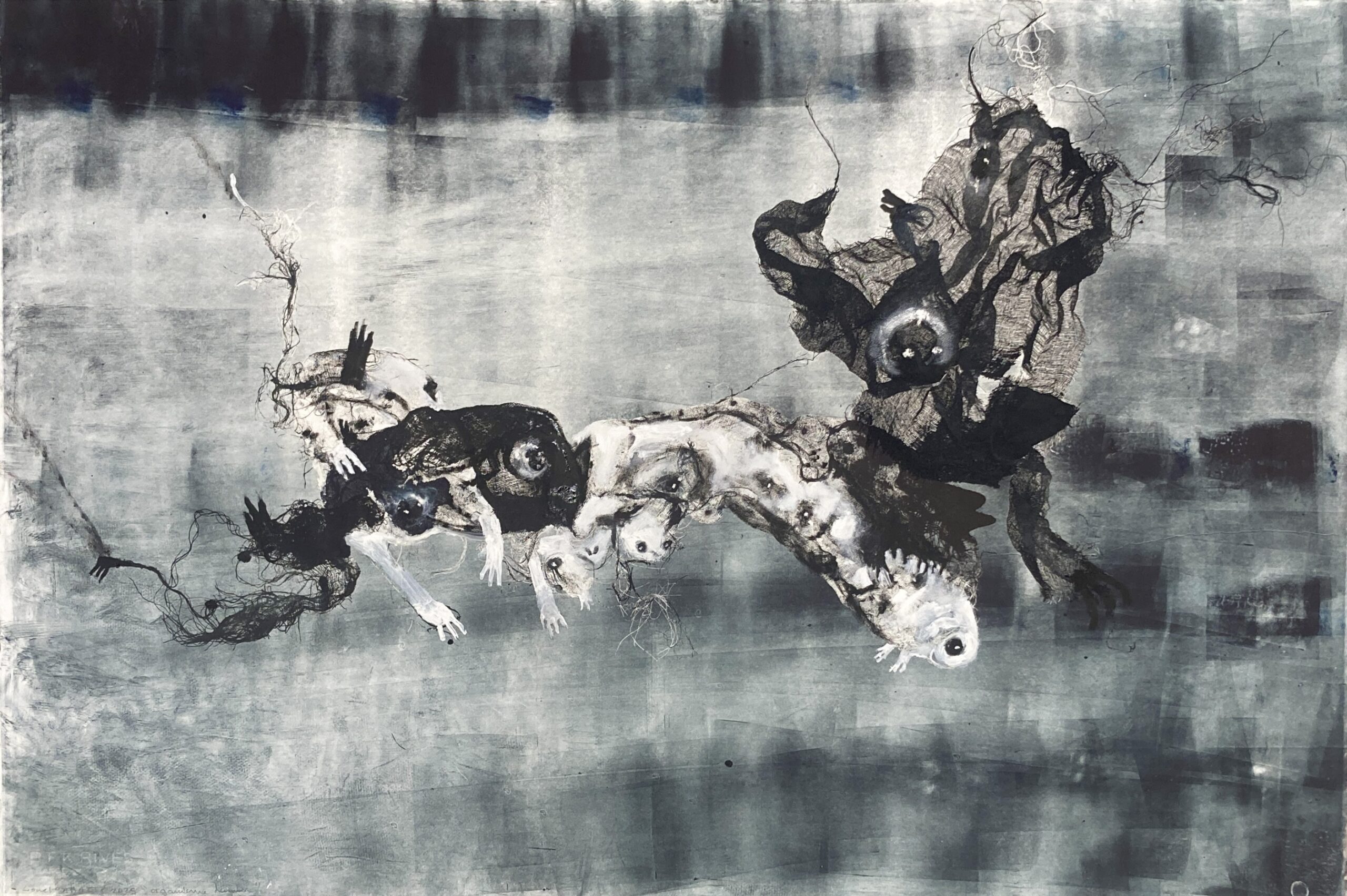 Lionel Sabatté, Organisme demain , 2025, Monotype et dessin encre de Chine et huile sur papier BFK Rives, 80 x 121 cm