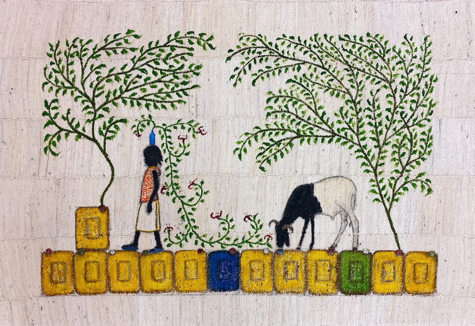 Saidou Dicko, The land of joy, 2024, Ink and watercolour on traditional organic cotton weaving, made in Burkina Faso by artisan weavers, 52x73 cm