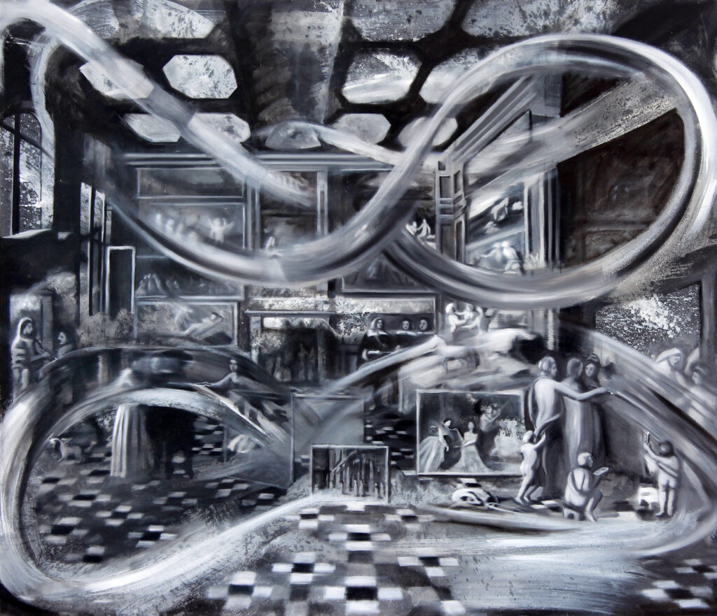 Dancing lights – after Gonzales Coques et. al., Art cabinet with Candaules and Gyges