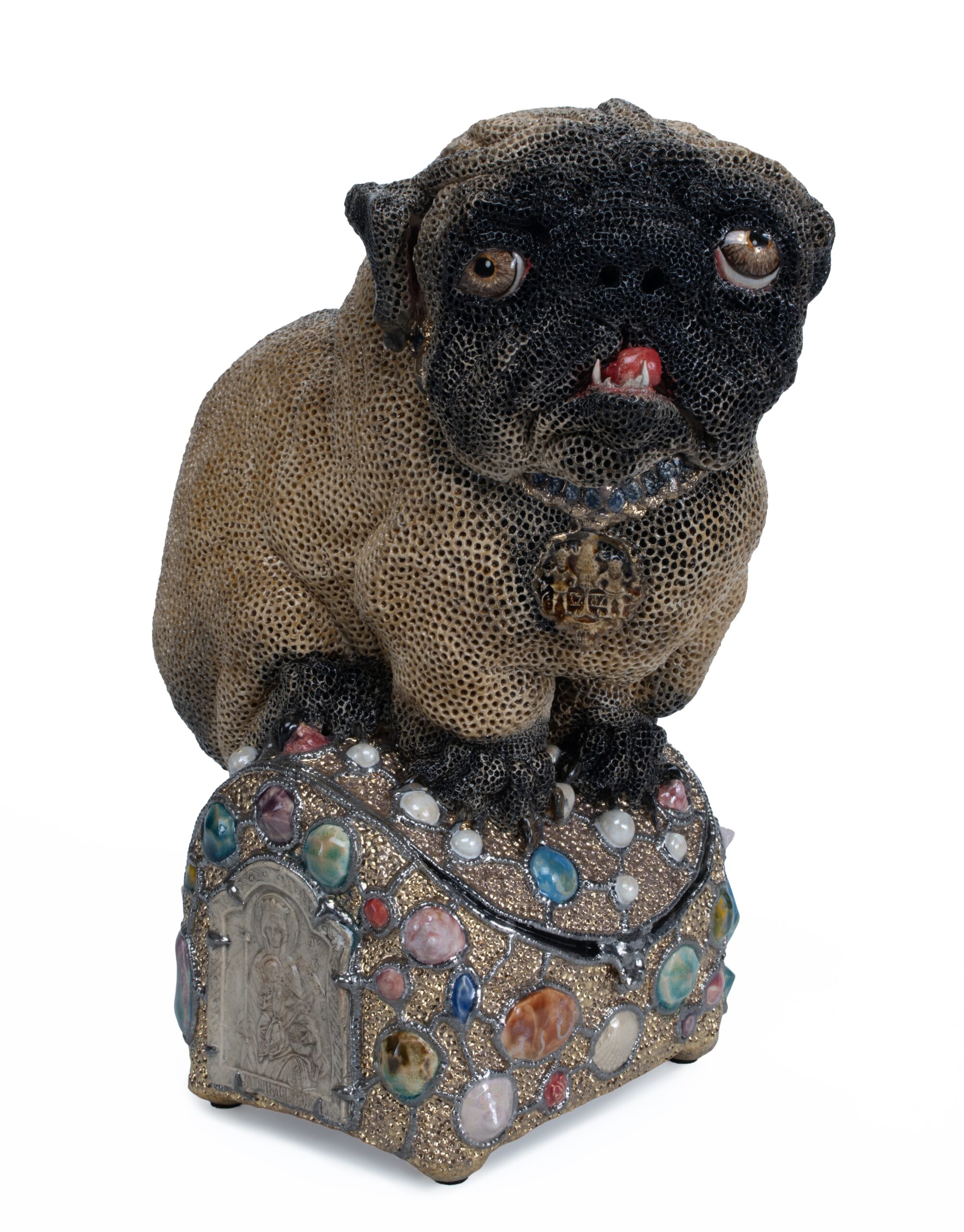 Ceramic sculpture, 2025, Pug on a shell box, 31  cm x 17 cm x 25 cm